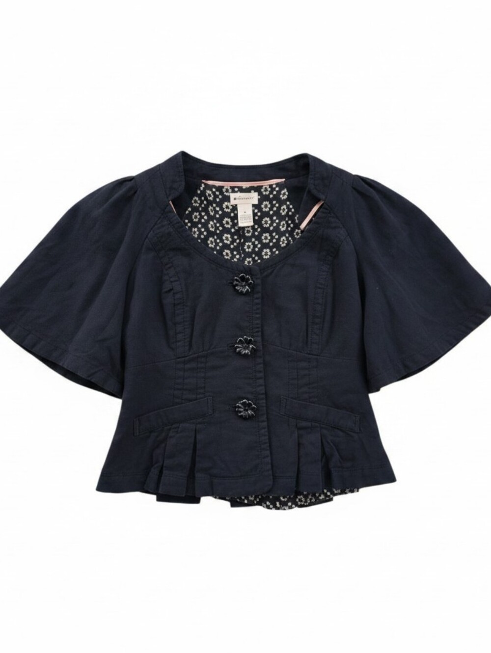 Anthropologie Elevenses Black Flutter Sleeve Cropped Shirt Jacket Size 8